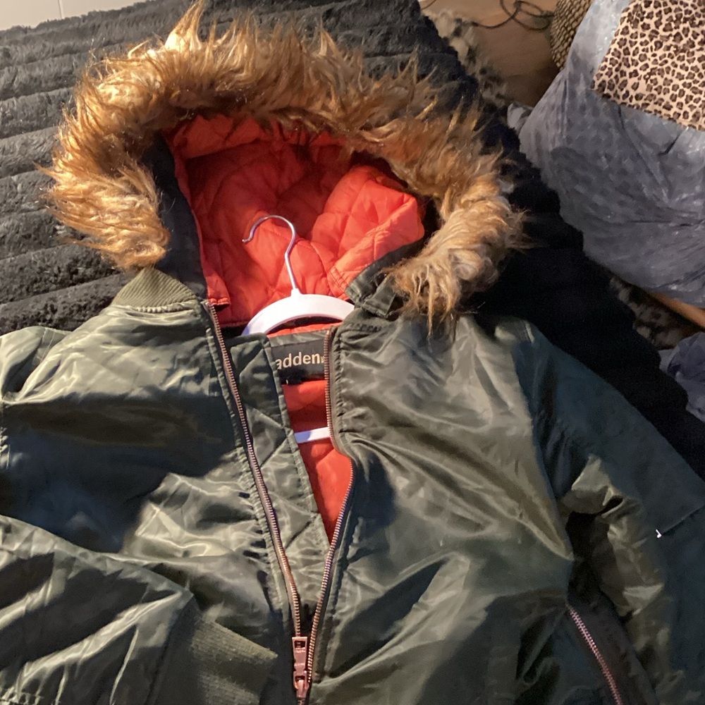 Steve Madden Olive Green Bomber Jacket with Orange Lining and Faux Fur Hood